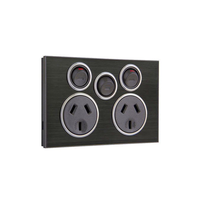 Clipsal Saturn Series Power Point Outlet 10a With Extra Switch, Horizon Black