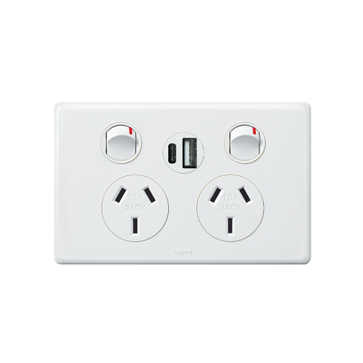 Legrand Excel Life 10A Double Powerpoint with Integrated USB Type A+C Chargers