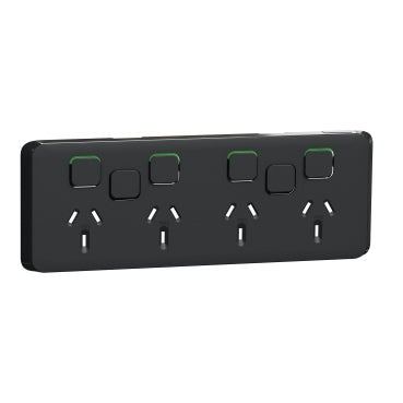 Clipsal Iconic Quad Power Point 10a With 2 Extra Switches - Skin Only, Black