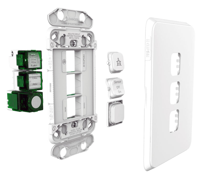 Clipsal Iconic Essence 3 Gang Switch Plate  -Skin Only, Arctic White