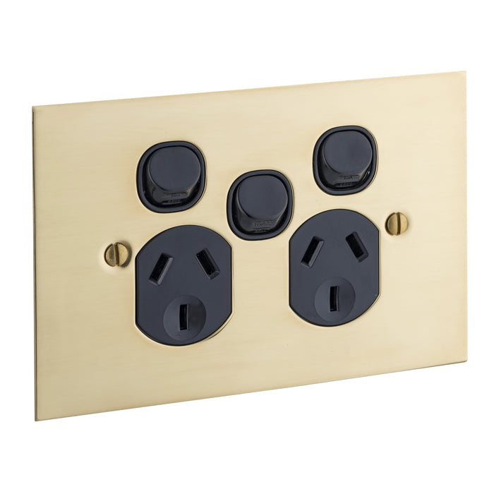 Clipsal BBSL Polished Brass Double Power Point Outlet With Extra Switch