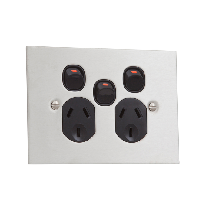 Clipsal BSL Stainless Steel Double Power Point Outlet With Extra Switch