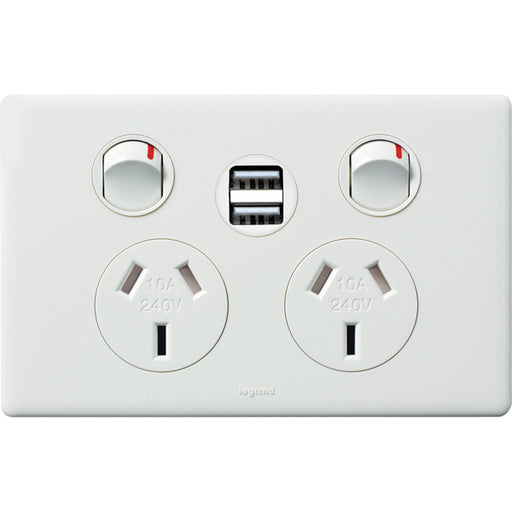Legrand Excel Life Double Power Point Outlet With Integrated USB Charger, Available in 5 Colours