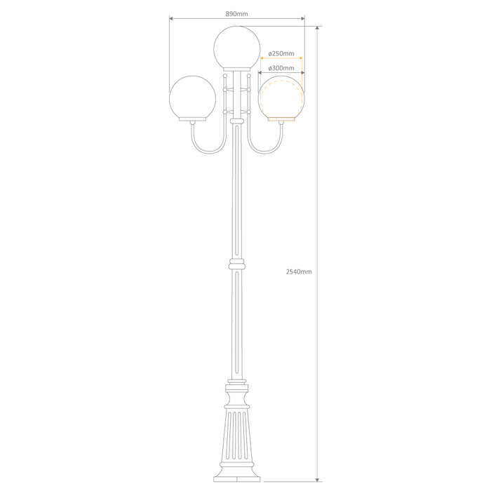 Domus Lisbon - 30cm Sphere Triple Head Taller Traditional Post