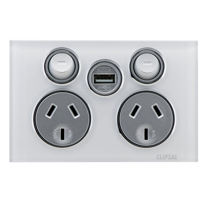 Clipsal Saturn Series Double Power Point 10a 250v With USB Charger, Pure White