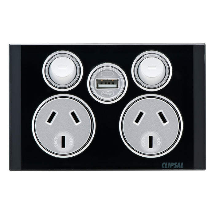 Clipsal Saturn Series Double Power Point 10a 250v With USB Charger, Espresso Black