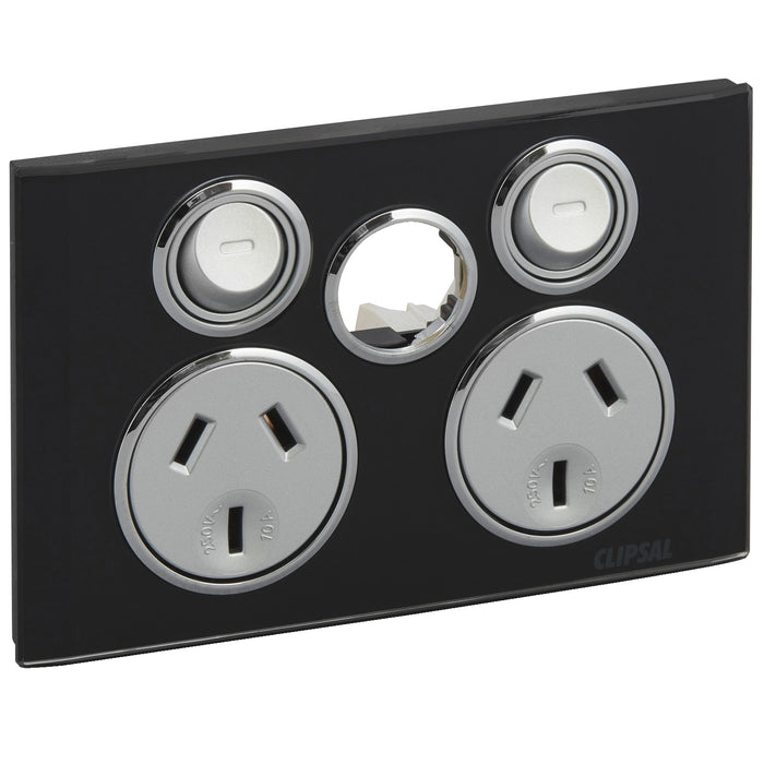 Clipsal Saturn Series Double Power Point Outlet 10a Less Extra Switch, Espresso Black
