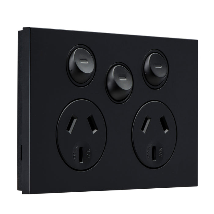 Clipsal Saturn Zen Double Power Point Outlet 10a 250v With Extra Switch, Matt Black