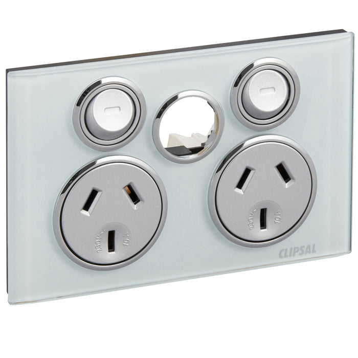 Clipsal Saturn Series Double Power Point Outlet 10a Less Extra Switch, Ocean Mist